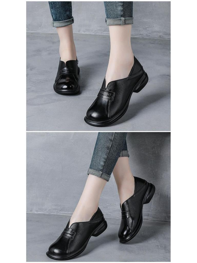 Retro British Style Women's Wide Fit Leather Chunky Heel Shoes - Top Grain Cowhide Round Toe Mom Shoes.