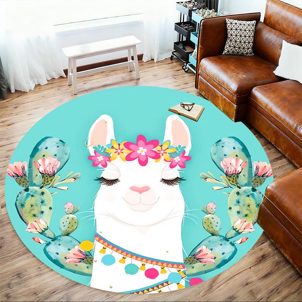 1pc Llama, Cactus Round Chair mat Area Rug - Non-Slip, Floor Mat for Office, Bedroom, home decor Christmas Gift p0811053