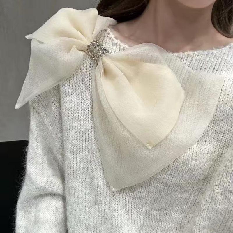 Elegant Bow Knit Sweater - Women's Fashionable Autumn/Winter Base Layer Knitwear