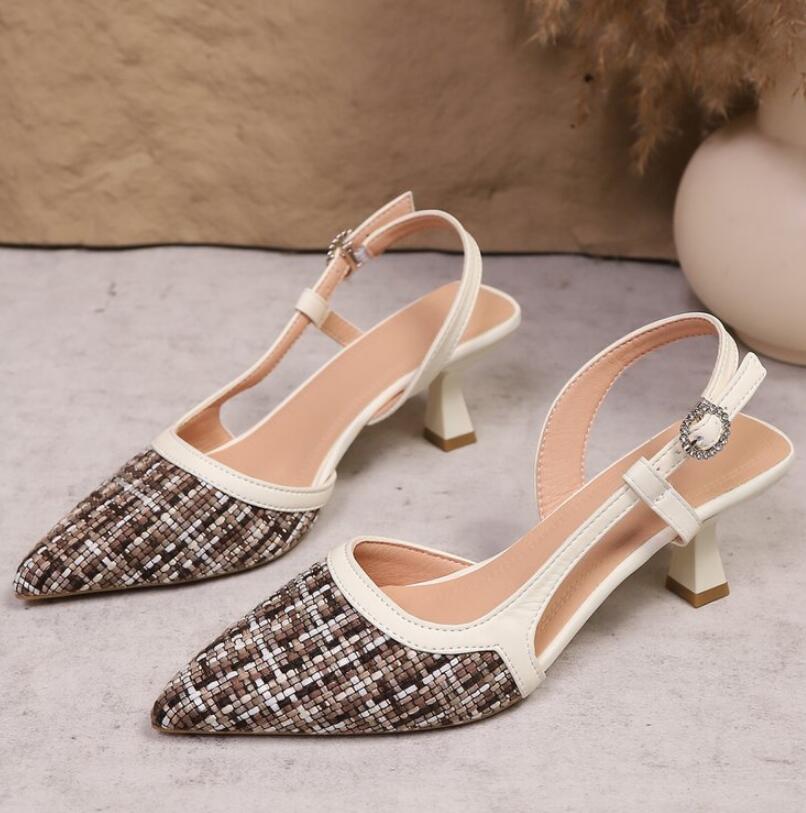 Shoes Women Pumps Pointed Hollow Out High Heels 7CM Summer Women's Sandals Occupation Office Slingback Shoes Sling Kitten Heels