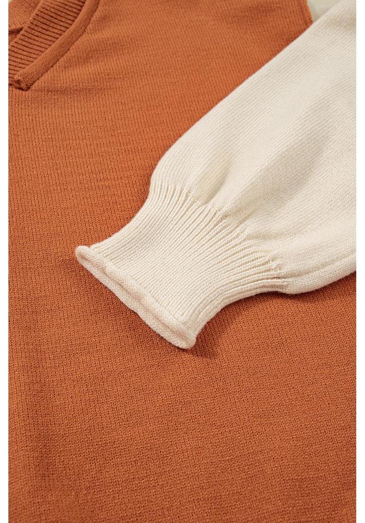 Autumn V-neck Color Block Puff Sleeve Sweater - Women's Casual European & American Style