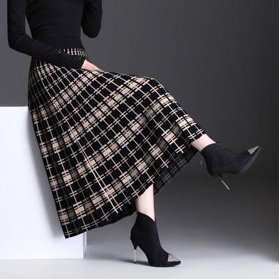 Podzim Zima Vintage Stretch Vysoký pas Midi Skládaný Houndstooth Pletená sukně pro ženy Runway kostkovaná dlouhá sukně