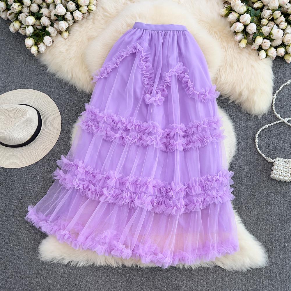 Elastic Waist Fairy Mesh Cake Skirt A-Line Skirt Summer Korean Version High Waist Slim All-Match Midi Skirt