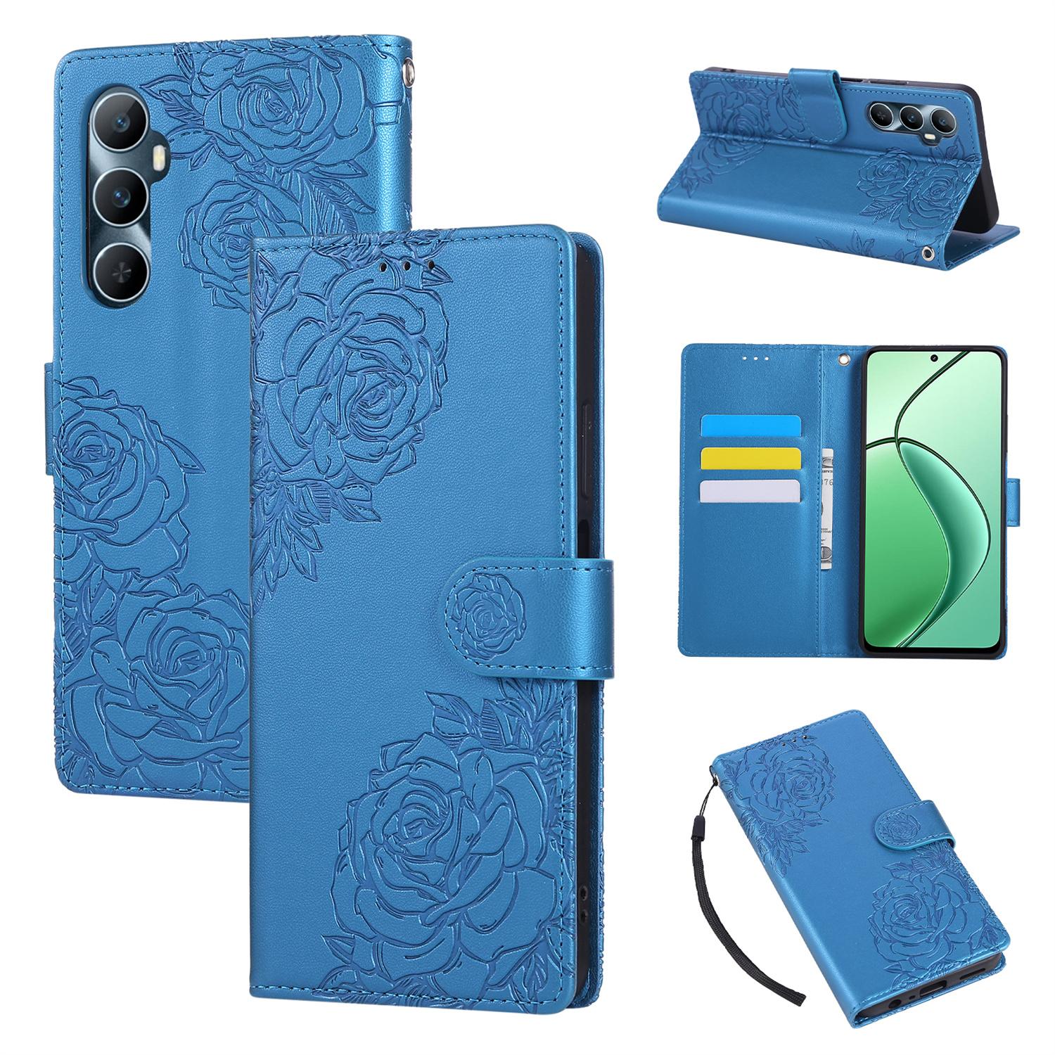 

For Realme C65 4G Case Rose Flower PU Leather Wallet Phone Cover with 3 Card Slots/Wrist Strap Blue