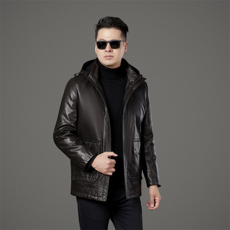 Genuine leather jacket, leather down jacket, middle-aged men's sheepskin leather jacket, hooded winter coat