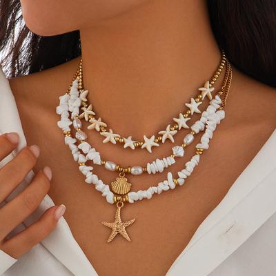  Holiday Style Seashell Beaded Collarbone Chain Beach Alloy Faux Pearl Multi-Layered Starfish Necklace