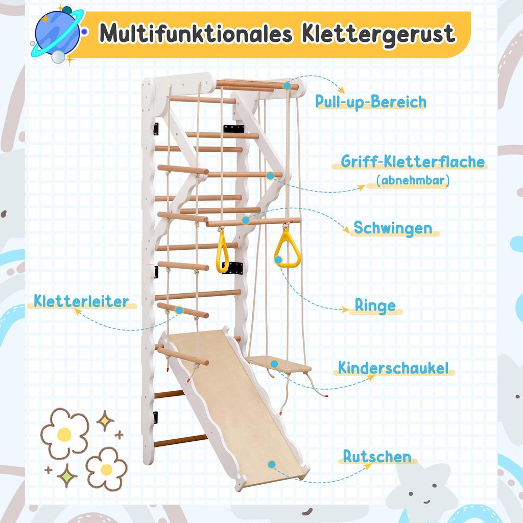 Ribbstol Inomhus Klätterställning Barn, Trä Klättervägg m. Rutschkana, gunga, klätterstege, chinsstång, ringar, upp till 50 kg, natur/vit