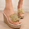 Women's Wedge Platform Peep Toe Slippers Transparent Rhinestone Beaded Fashion Slides