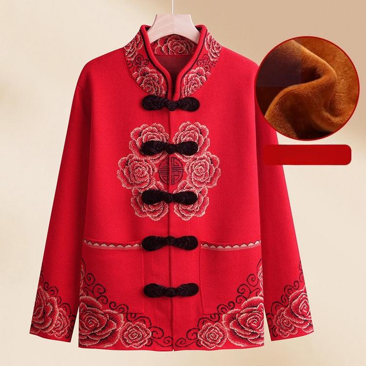 Middle-aged and Elderly Female Grandmother In Spring Coat Old Lady Autumn and Winter Zodiac Year Mother Wears Red Sweater Plus Velvet Thickened