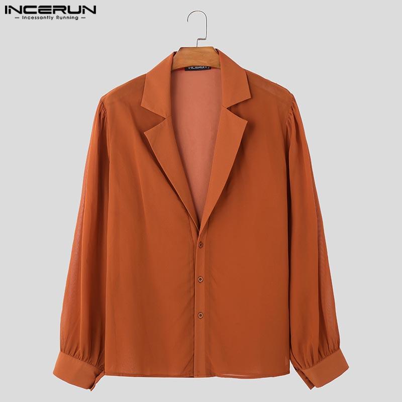 INCERUN Camicie da uomo con collo a revers, maniche lunghe, bottoni, in rete trasparente