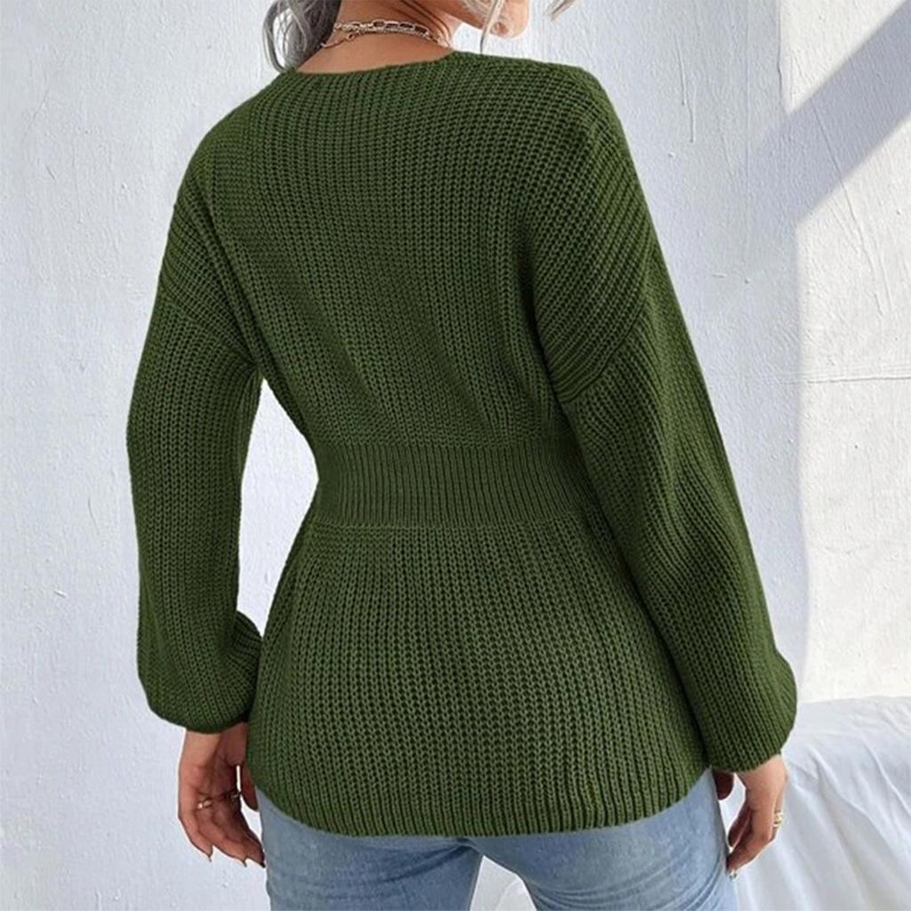 Women's Fashion V-Neck Pullover Shirt Solid Color Long Sleeve Ruffle Waist Women's Shirt