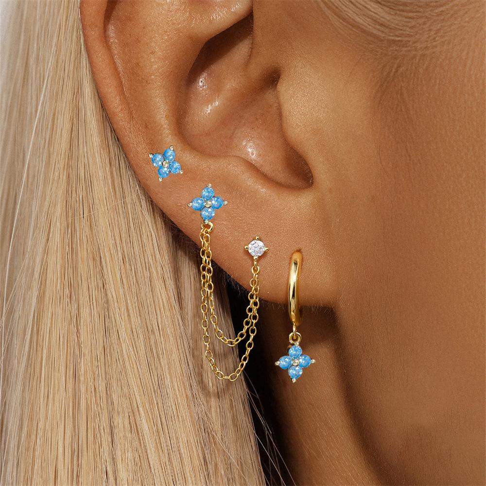 Exquisite Green Zircon Flower Hoop Earrings 18K Gold Plated Stainless Steel Chain Piercing Earring Luxury Jewelry aretes mujer