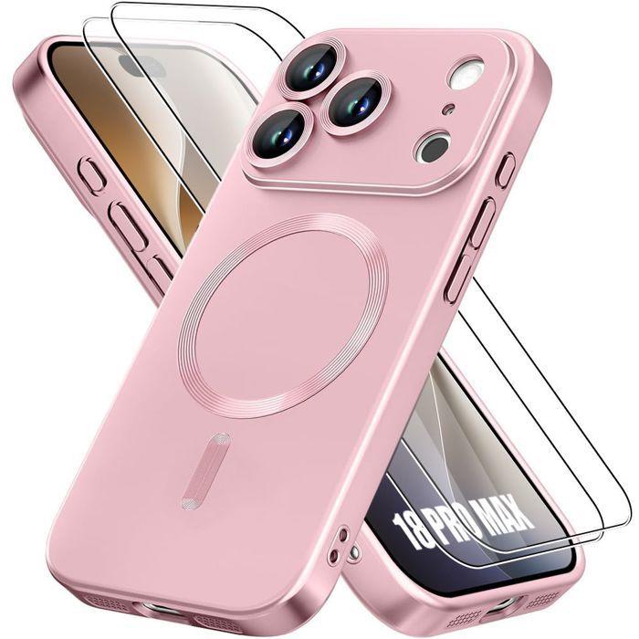 Coque pour iPhone 18 Pro Max, Silicone Anti-Rayure avec Cercle Magnétique - Rose - 2 Verres Trempés