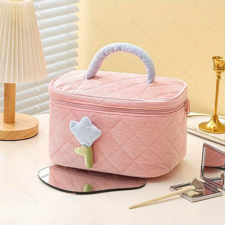 1pc Fashion Women's Tulip Flowers Pouch Large Capacity Travel Cosmetic Bag Corduroy Portable Storage Make Up Organizer