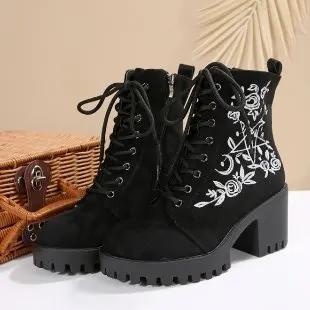 

2026 new Flower Platform Boots Chunky Punk Suede Leather Womens Gothic Shoes Nightclub Lace Up Back Zipper High Quality 36 чёрный