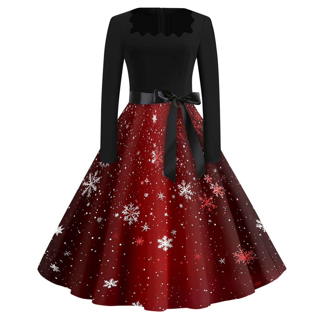 Women's Casual Christmas Print Square Neck Vintage Dress for Holiday Party and Everyday Wear