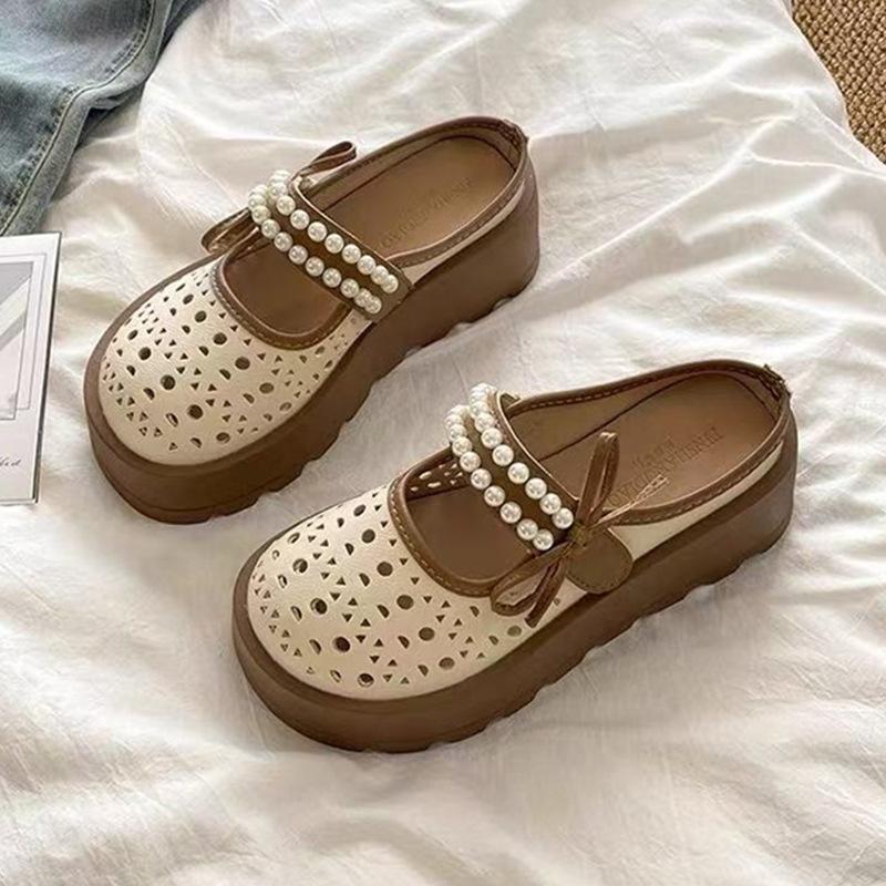 

Thick-soled hollowed-out cool slippers for women s summer wear 2025 new fashionable and breathable Mary Jane goes out with a bag head and a half drag 40 бежевый