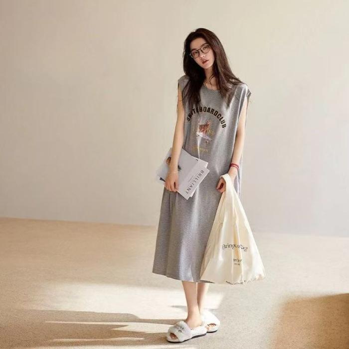 2026 new Korean version casual nightdress women s summer loose sleeveless vest pajamas medium and long dress thin summer M