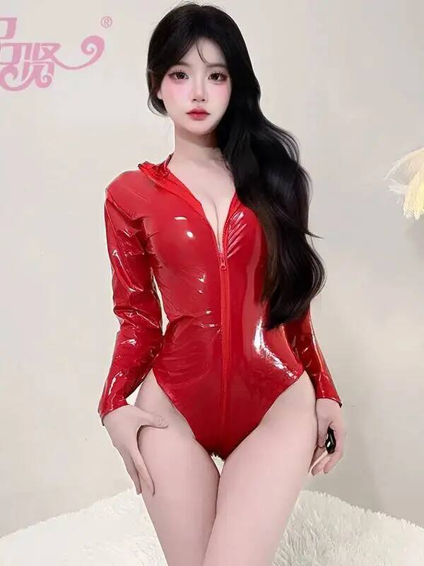Sexy Patent Leather Pure Desire Style Bodysuits Zipper Open Crotch Small Chest Pure Desire Solid Color Bodysuits For Women Pipn
