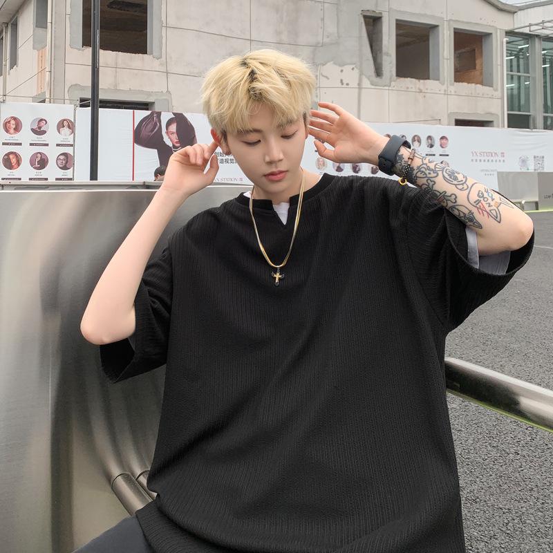 

Мужская модная футболка больших размеров из тяжелого ледяного шелка с V-образным вырезом, с короткими рукавами, летняя, с рукавами 7/8, уличная одежда M чёрный