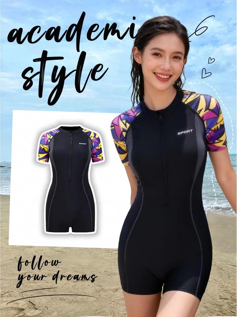 Women's Short Sleeve One-Piece Swimsuit - Sexy Tummy Control, Slimming, Plus Size, Sport Swimwear, New Style Hot Spring Design
