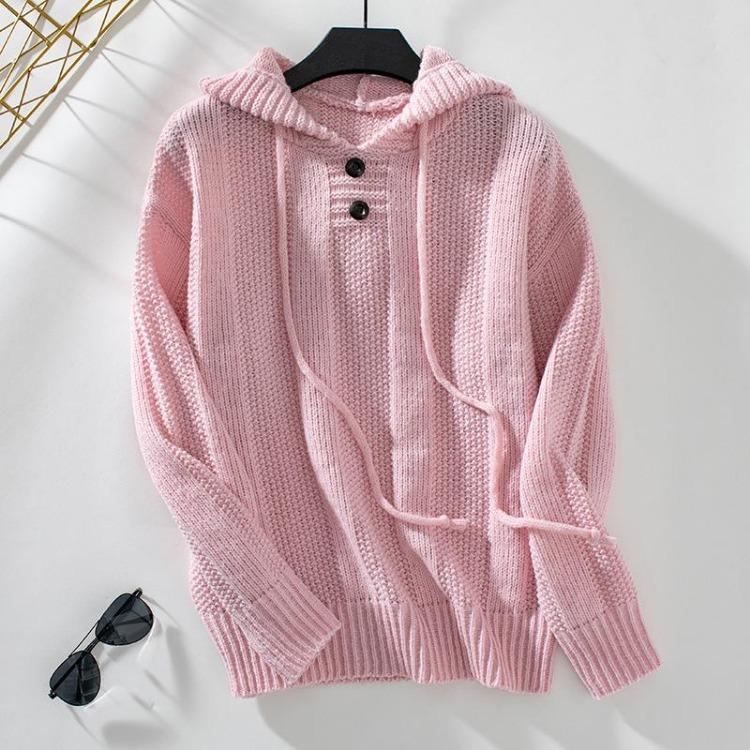 Vintage Pullover Sweater Hooded Loose Long Sleeve V-Neck Solid Color Knitwear Top for Autumn Winter