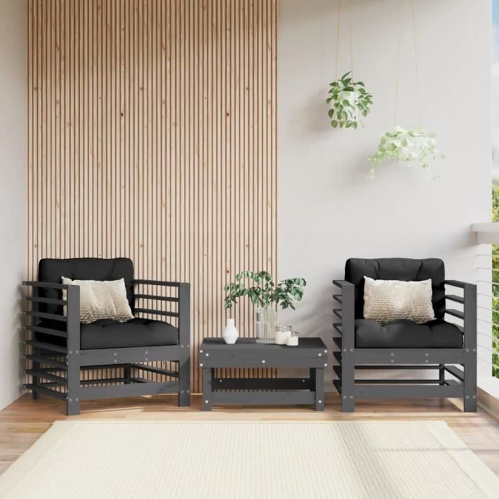 VidaXL Chaises de jardin et coussins lot de 2 gris bois de pin massif 825676