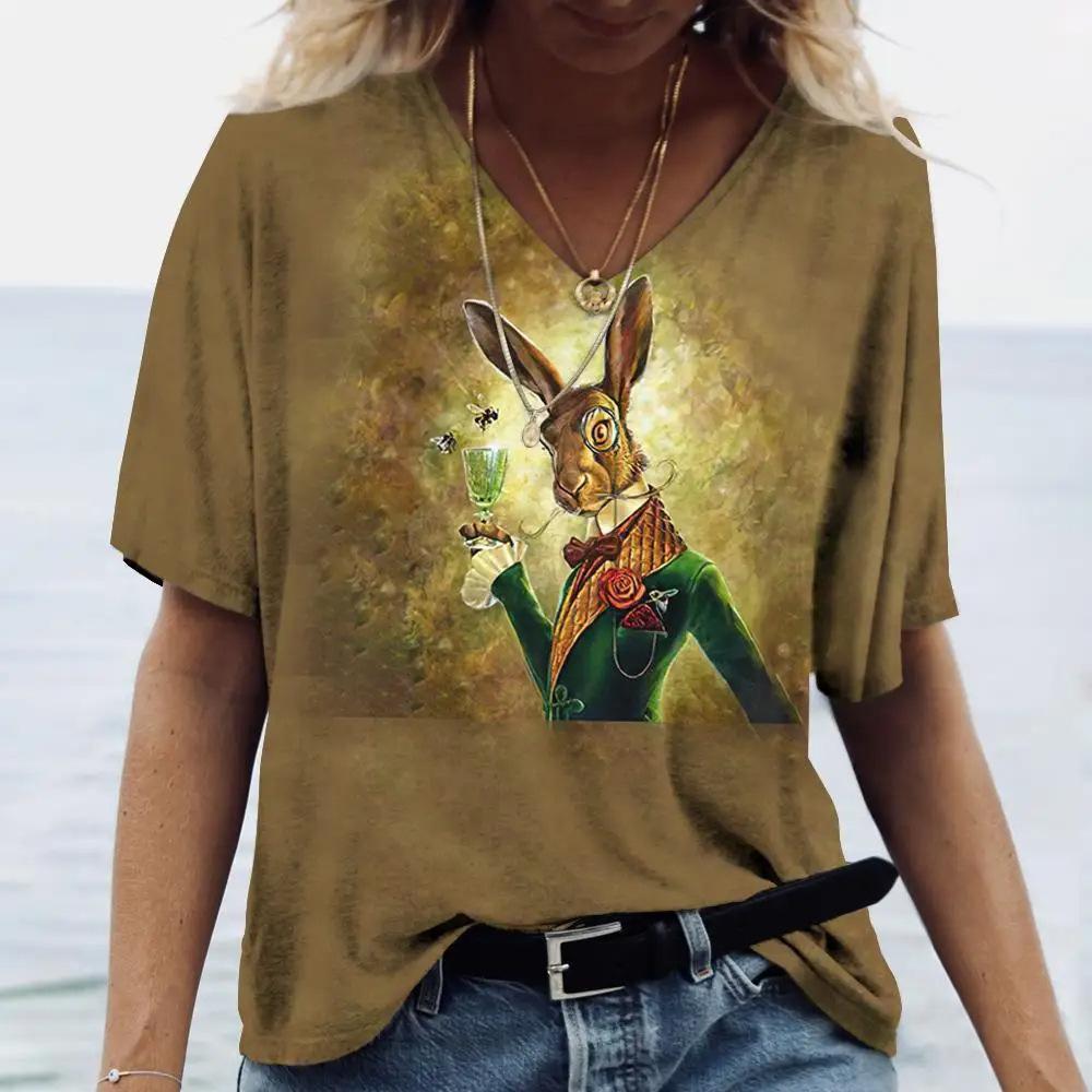 Ladies' V-neck T-shirt 3D Printed Animated Bunny Trendy Printed Short Sleeved T-shirt