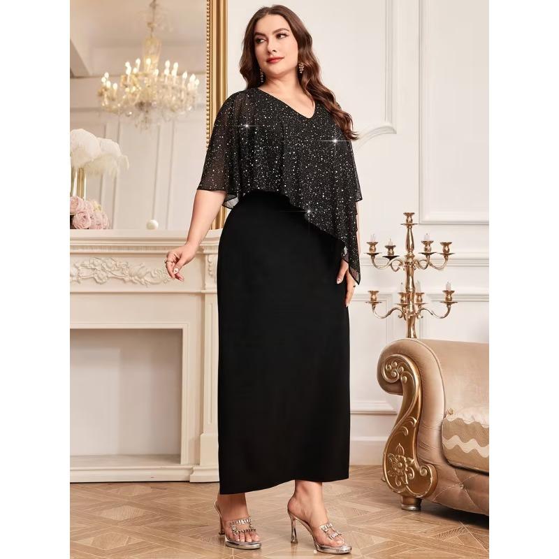 IHUASU Damenmode Sommer Frühling Unifarben Bedruckt Kurzarm V-Ausschnitt Freizeitkleider XXXXXL schwarz