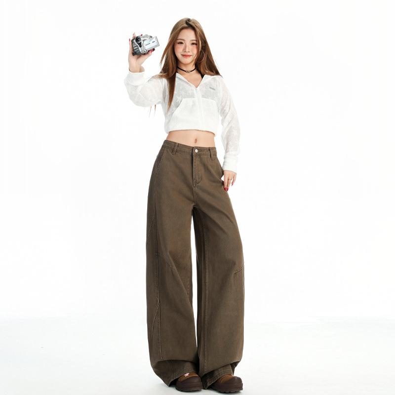 Brown coffee high waist wide leg jeans women's American retro autumn and winter new loose drape thin straight pants versatile
