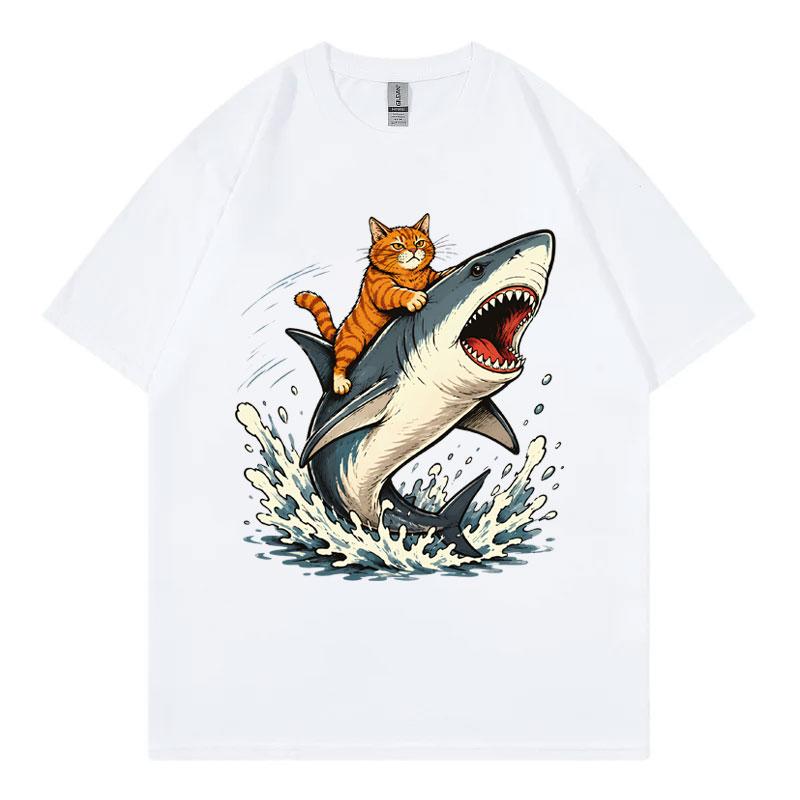 Cat Riding Shark Funny Meme Graphic T Shirts Summer Fashion Oneck Short Sleeve Tshirts Unisex Unisex Casual Loose Cotton Tshirt