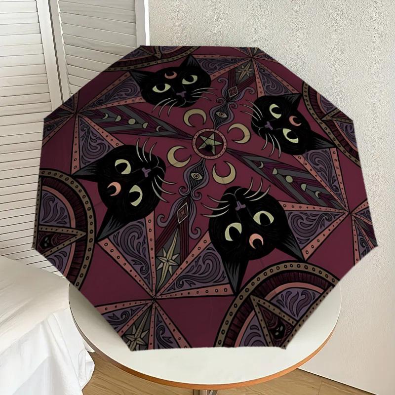 1PC Mystic Cats Automatic Folding Umbrella - Compact 8-Rib Design, Durable Plastic & Iron, Lightweight for Outdoor Daily Use, Festive Gift094