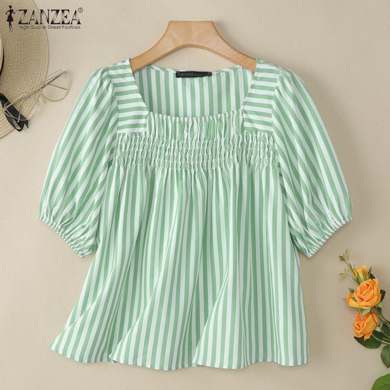 ZANZEA Bluză casual de damă cu gât pătrat, mâneci trei sferturi și croială lejeră cu dungi