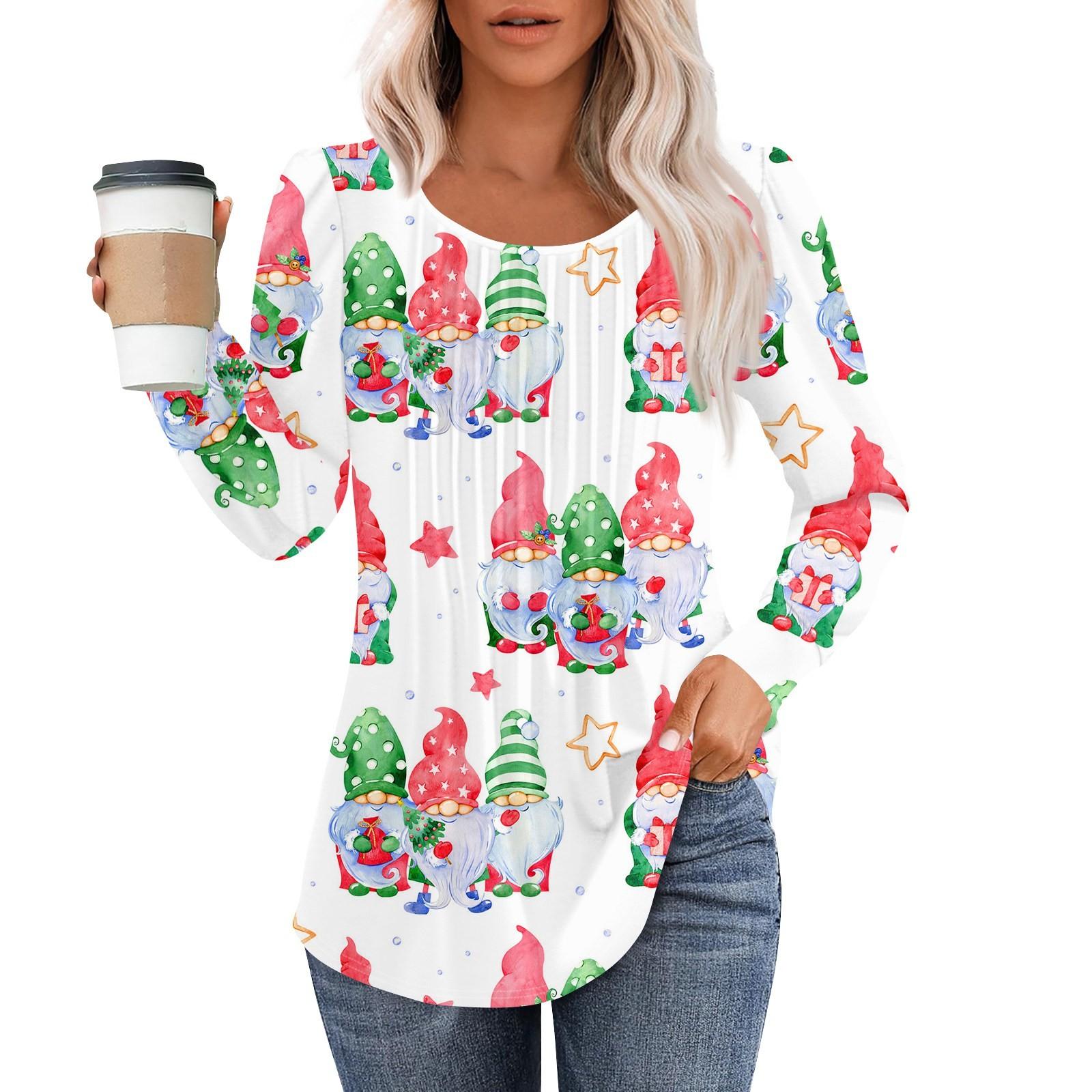 

Женская повседневная футболка с круглым вырезом и длинными рукавами с рождественским принтом и складками XXXL белый