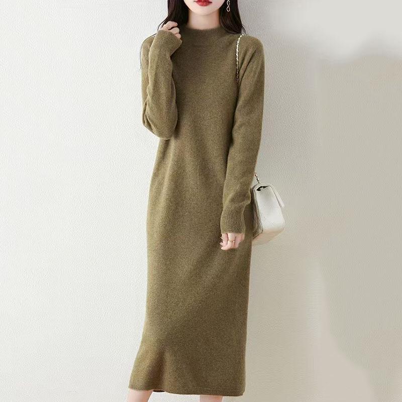 Women's Wool Knit Sweater Dress - Half High Neck, Over Knee, Loose Mid-Length Pullover for Autumn/Winter