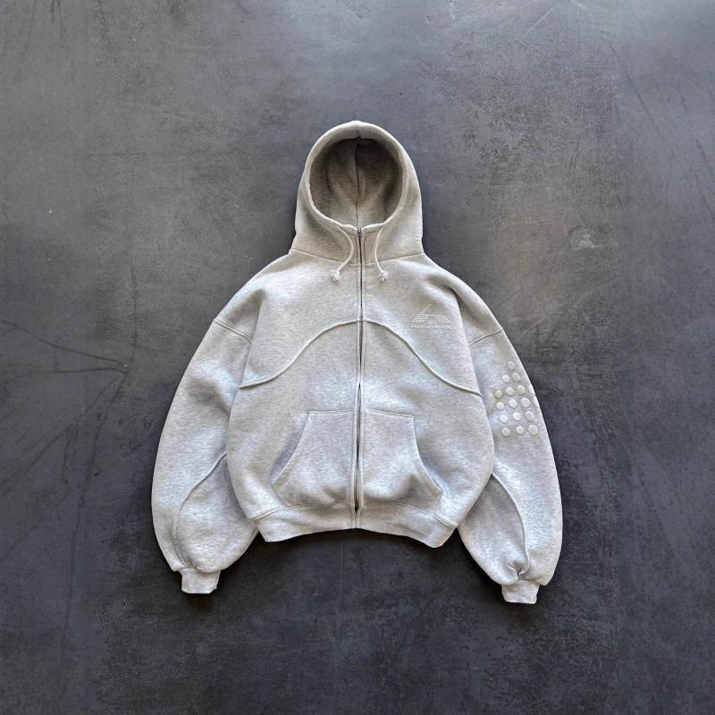 Unisex Streetwear Hoodie With 3D Foil Print Zip-Up Front Loose Fit Long Sleeve Gray