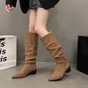 Fashion Vintage Thick Heel Pointed Toe Woman Knee High Boot Autumn Winter Women's Shoes Ladies Concise Pleated Long Booties