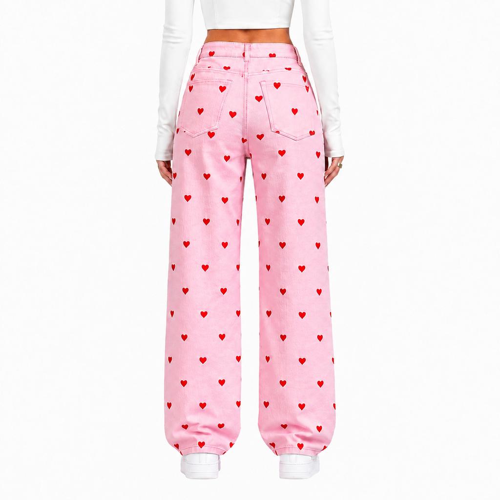 Jeans da Donna a Vita Alta Elasticizzati Slim Fit a Gamba Larga con Fantasia a Cuori per Uso Casual Quotidiano