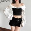 BITCED Autumn Women's Solid-Colour Slim-Fit Cropped Streetwear V-Neck Long-Sleeved Top
