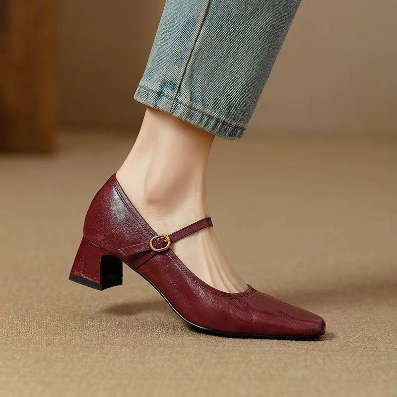 

Cowhide version~ Spring and Autumn French square head Mary Jane high heels women s retro one-button thick heel single shoes light mouth women s shoes 40