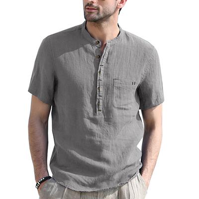 New Summer Casual Shirts Men Cotton Linen Short Sleeve Mens Solid Color Blouse Fashion Stand Collar Streetwear Vintage Shirt Man