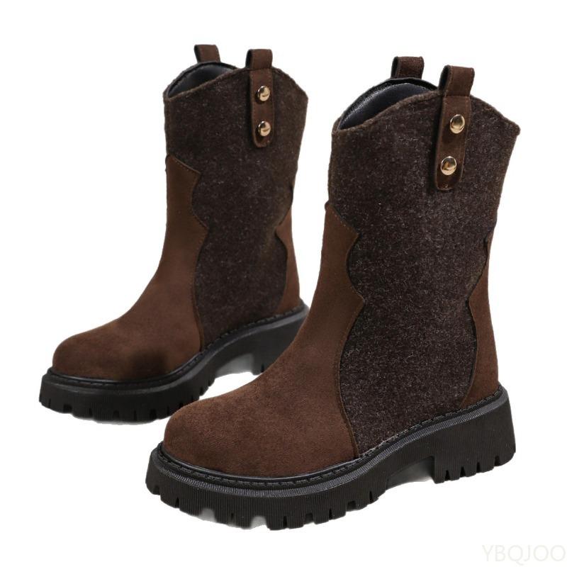 Retro Mid Length Boots for Women In Autumn New Oversized Round Toe Pleated Simple Comfortable Women's Boots