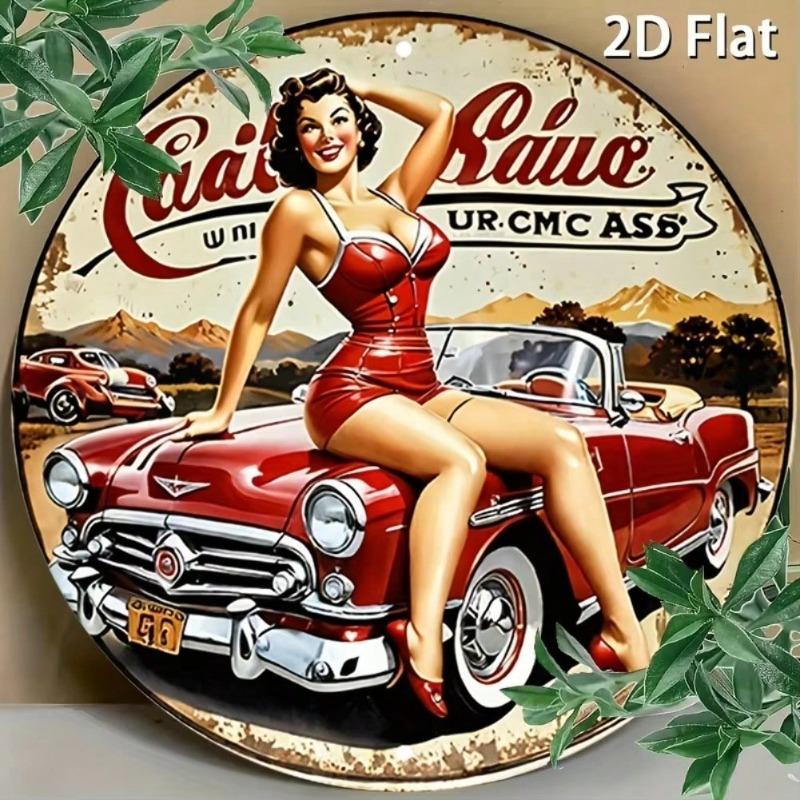 Vintage Auto Mädchen Runde Metallwandkunst 8 Zoll Retro Rotes Automobil Blechschild