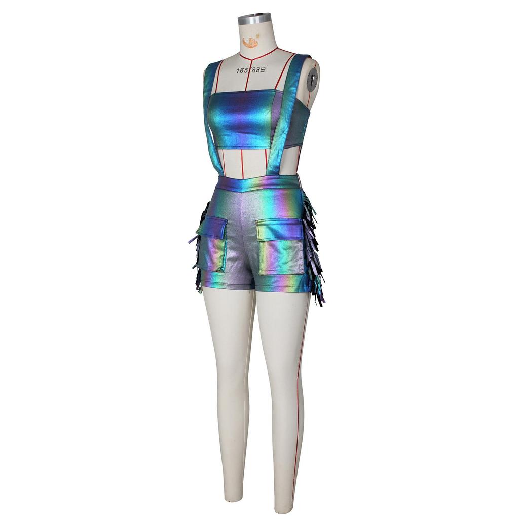 European and American Women’s Metallic Bandeau Fringe Suspender Shorts Set
