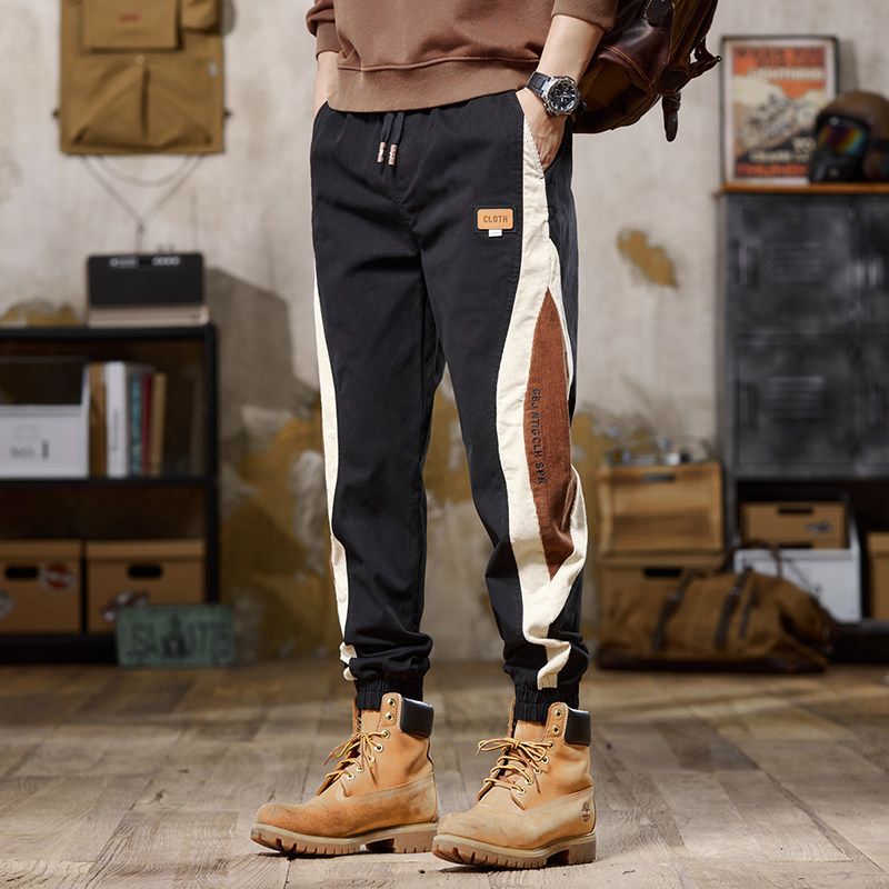 Foreign Trade Surplus American-Style Color-Blocked Casual Pants for Men, Spring and Autumn Loose Elastic Jogger Pants, Vintage Workwear Long Pants