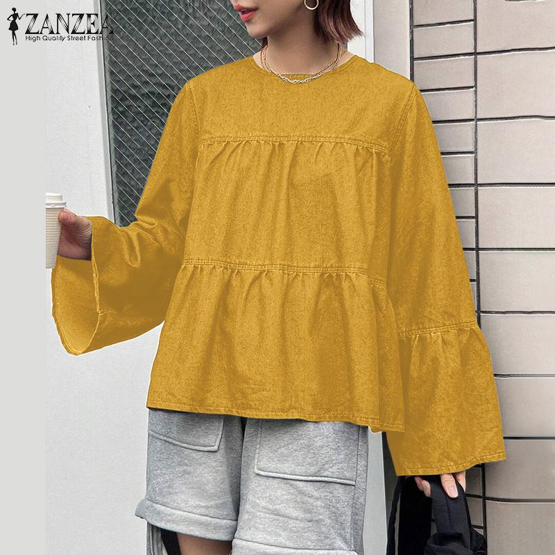 ZANZEA Women Casual Solid Color Round Neck Long Sleeve Blouses