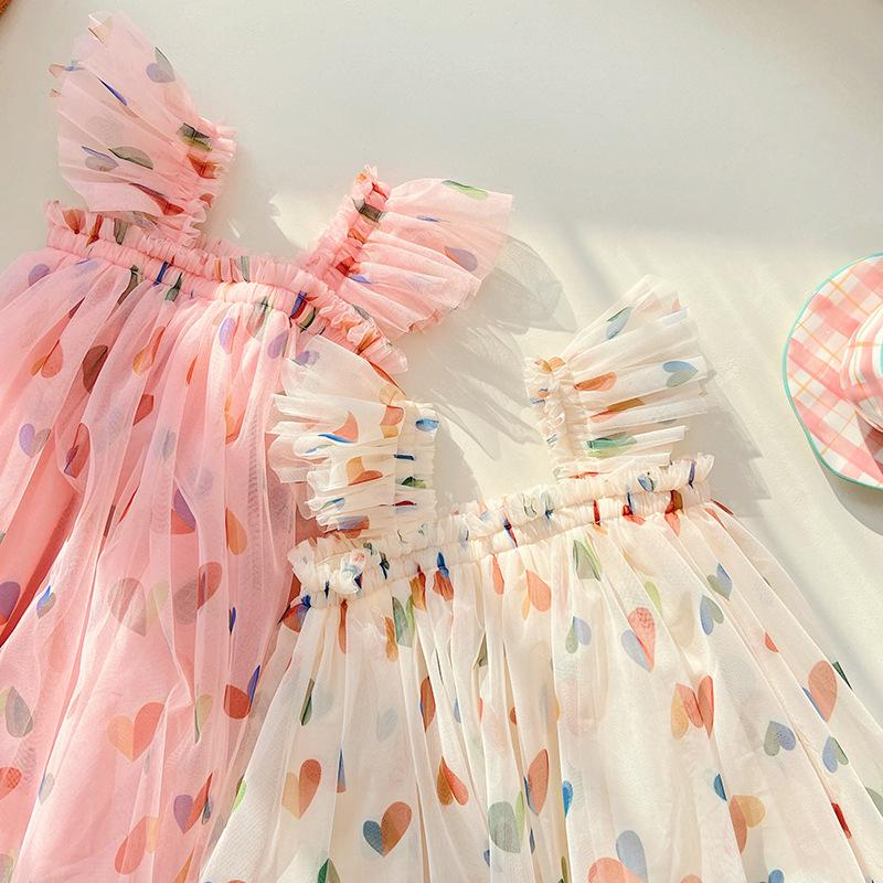 Heart Print Mesh Princess Dress - 2025 Kids' Summer Tutu