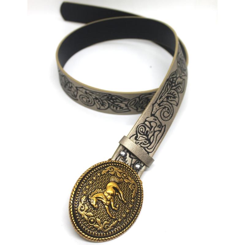 Floral Engraved PU Belt for Jeans Women Vintage Horse Pattern Buckle Waist Belt