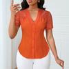 Women Tops V-Neck Short Sleeve Hollow Lace Splicing Design Shirt Tops Pure Color Slim