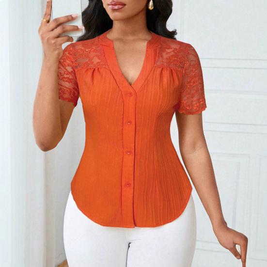 Women Tops V-Neck Short Sleeve Hollow Lace Splicing Design Shirt Tops Pure Color Slim